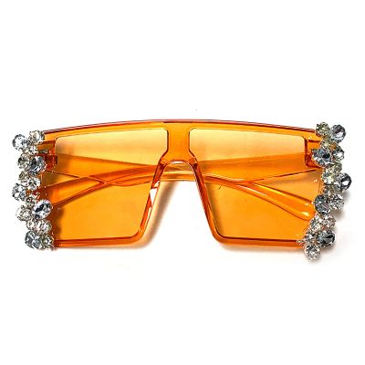 willochra Diamond Design Big Frame Oversized Sunglasses Women Luxury Large Flat Top Sun Glasses Bling Trendy Rhinestone Square Shades (Orange)