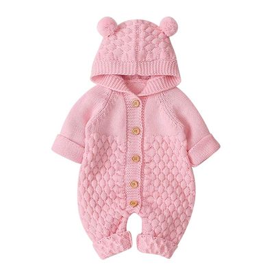 Unisex Newborn Baby Boy Girl Gender Neutral Cute 3D Bear Ears Hooded Knitted Sweater Long Sleeve Romper Overall Bodysuit Jumpsuit Playsuit Sleepwear Outwear Winter Warm Clothes Pink 0-6 Months