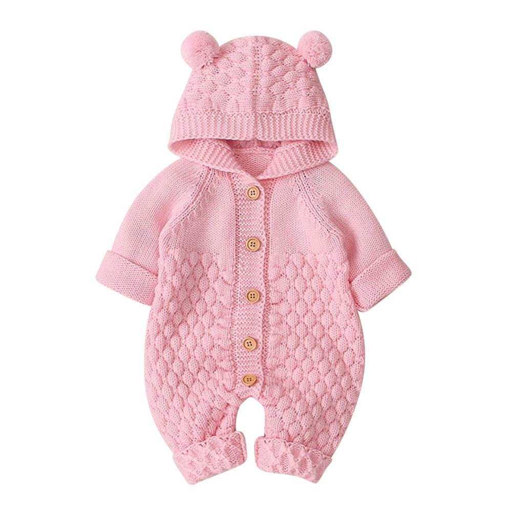Unisex Newborn Baby Boy Girl Gender Neutral Cute 3D Bear Ears Hooded Knitted Sweater Long Sleeve Romper Overall Bodysuit Jumpsuit Playsuit Sleepwear Outwear Winter Warm Clothes Pink 0-6 Months