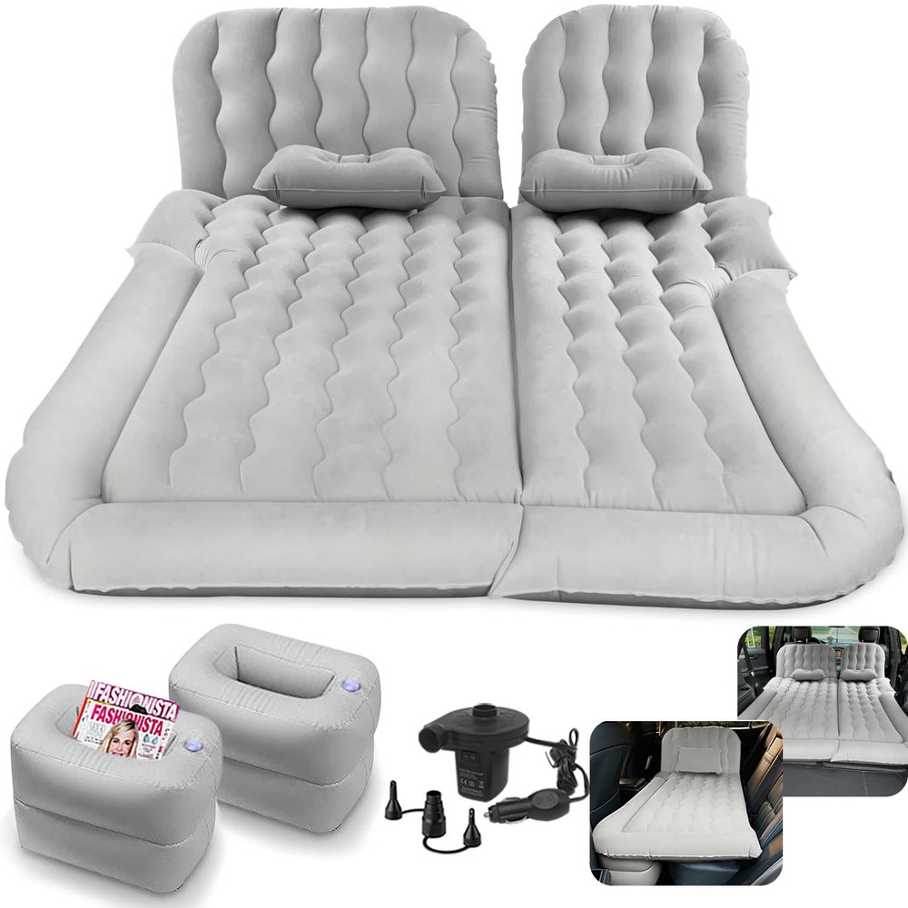 Byomostor 3 in 1 Car Air Mattress, SUV Mattress for Back Seat Cargo Area Car Mattress with Electric Air Pump-2 Support Fillers & 2 Pillows Fits SUV|MPV|Sedan|Minivan for Road Trip Camping Grey