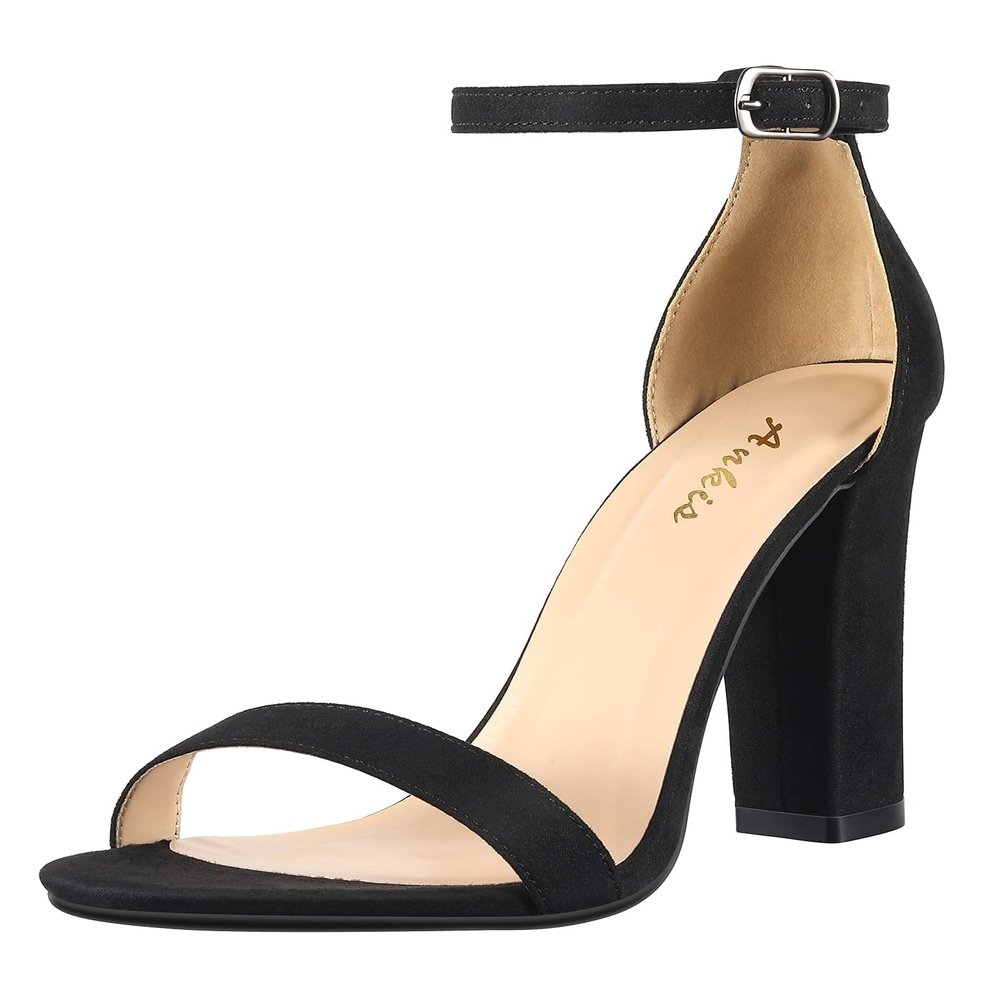 Ankis Black Heels for Women - Open Toe Ankle Strap Chunky High Heel Pump Sandals Party Wedding Strappy Buckle Sandals Standard Size 4 Inches Tall Thick Heel Design