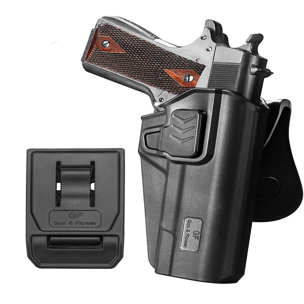 1911 OWB Holster with Paddle & Belt Clip Index Finger Release, Fits Colt/Kimber/Springfield/Rock Island/Tisas/Ruger 5" No-Rail 1911 Pistols Right Hand