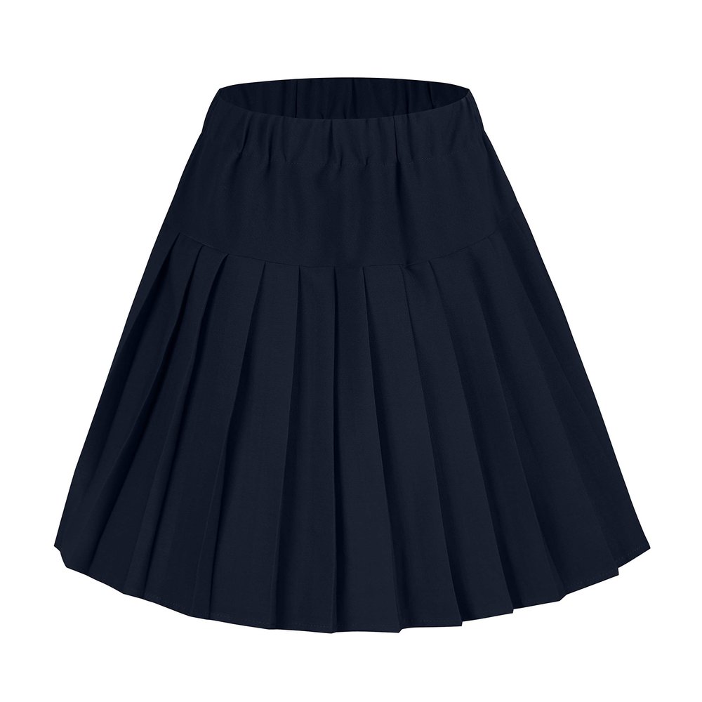 EXCHIC Women's A-Line Mini Skirt Stretchy High Waist Pleated Tennis Skirts Plaid School Uniform Dance Casual Wear (S, Navy Blue)