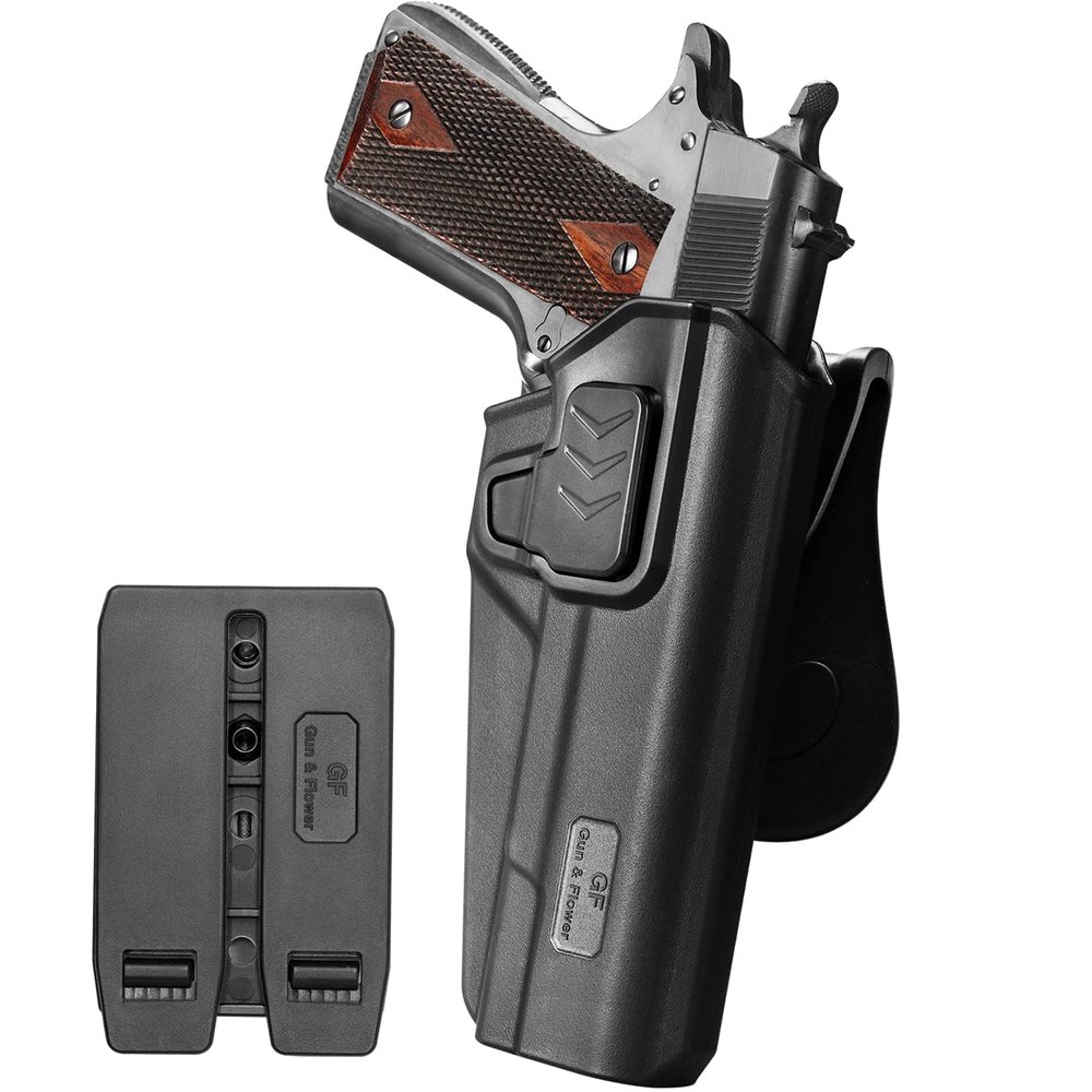 1911 OWB Holster with Paddle & Molle Mount Index Finger Release, Fits Colt/Kimber/Springfield/Rock Island/Tisas/Ruger 5" No-Rail 1911 Pistols Right Hand