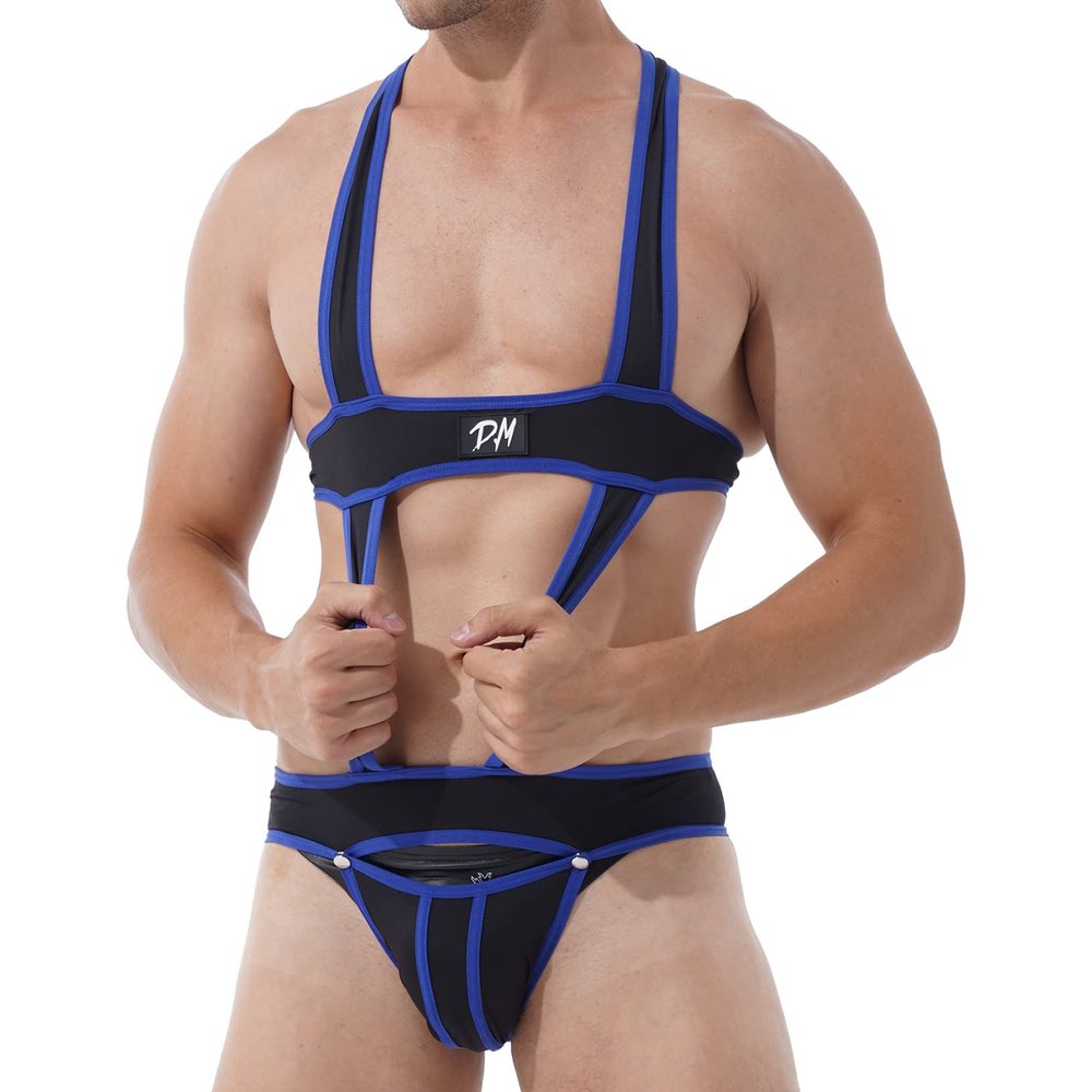 ACSUSS Men's Elastic Body Chest Harness Bodysuit Leotard Underwear Wrestling Singlet Jumpsuit Blue X-Large