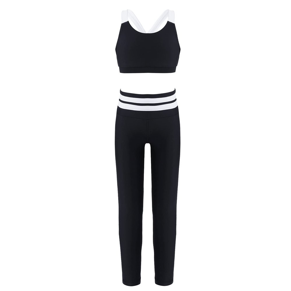 Moggemol Girls Printed Athletic Crop Top with Leggings Sets Jazz Hip Hop Workout Gymnastic Dance Outfit Black 12