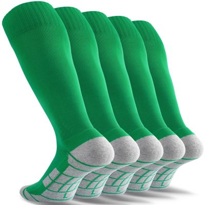 CWVLC Youth Soccer Baseball Socks 5 Pairs, Football Sport, Softball Team Athletic Socks, Knee High Long Tube Cotton Arch Ankle Compression Socks, Green, Medium
