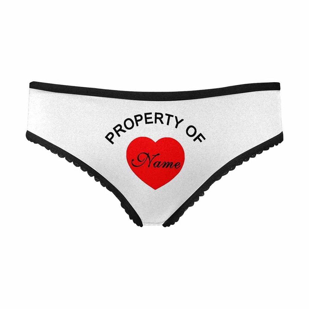 MyPupSocks Custom Underwear, Personalized Funny Panties, Heart Property of Name White Women's Briefs Panties Printed with Name XXXL