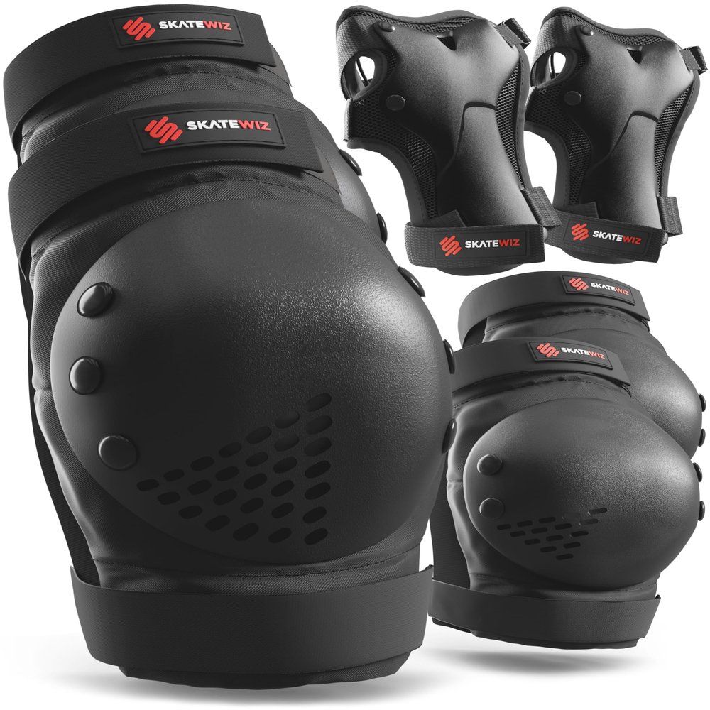 SKATEWIZ Kids Knee Pads and Elbow Pads Set - Wrist Guards for Skateboarding - Smash - Size M/L Black - Skating Protective Gear, Roller Skates, Skateboard - Ice Skating Kids