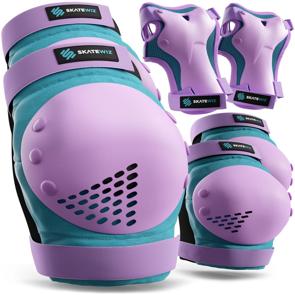 SKATEWIZ Kids Knee Pads and Elbow Pads Set - Wrist Guards for Skateboarding - Smash - Size M/L Blue Purple - Skating Protective Gear, Roller Skates, Skateboard - Ice Skating Kids