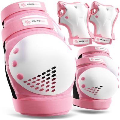 SKATEWIZ Kids Knee Pads and Elbow Pads Set - Wrist Guards for Skateboarding - Smash - Size M/L Pink White - Skating Protective Gear, Roller Skates, Skateboard - Ice Skating Kids