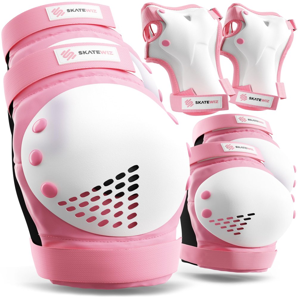 SKATEWIZ Kids Knee Pads and Elbow Pads Set - Wrist Guards for Skateboarding - Smash - Size M/L Pink White - Skating Protective Gear, Roller Skates, Skateboard - Ice Skating Kids