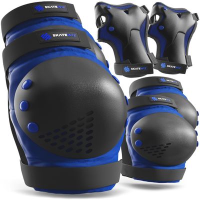 SKATEWIZ Kids Knee Pads and Elbow Pads Set - Wrist Guards for Skateboarding - Smash - Size M/L Blue Black - Skating Protective Gear, Roller Skates, Skateboard - Ice Skating Kids