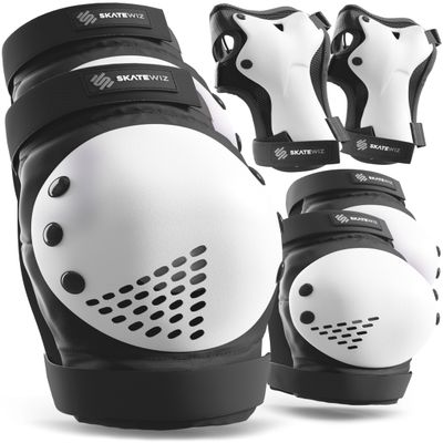 SKATEWIZ Kids Knee Pads and Elbow Pads Set - Wrist Guards for Skateboarding - Smash - Size S Black White - Skating Protective Gear, Roller Skates, Skateboard - Ice Skating Kids