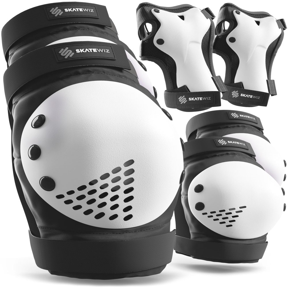SKATEWIZ Kids Knee Pads and Elbow Pads Set - Wrist Guards for Skateboarding - Smash - Size S Black White - Skating Protective Gear, Roller Skates, Skateboard - Ice Skating Kids