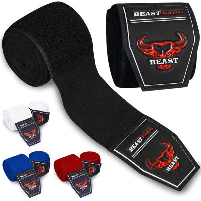 BEAST RAGE Boxing Hand Wraps 4.5 Meter Martial Arts Bandages Inner Gloves Wrist Support Straps Punching Under Hand Knuckles Heavy Elasticated Training Bag Mitts Muay Thai (2.5 m, Black)