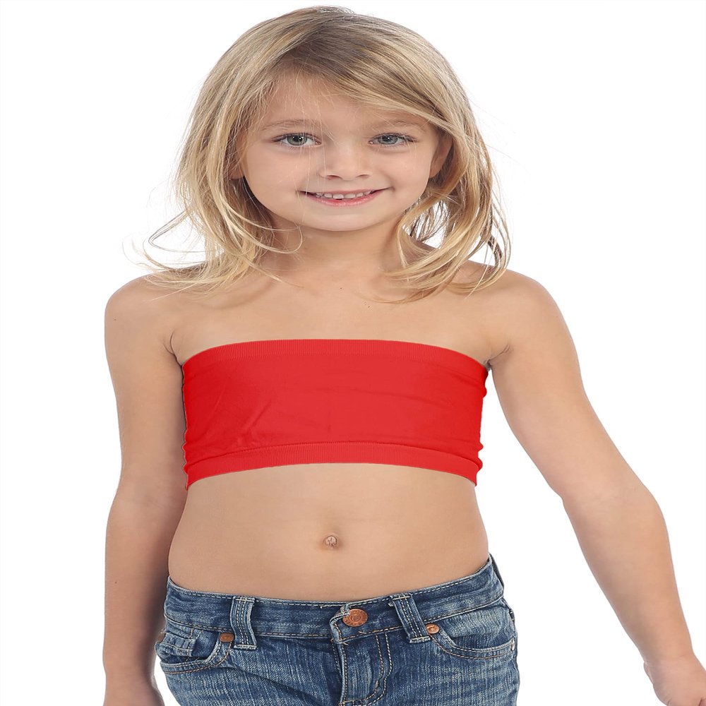 Kurve Girls Bandeau Tube Bra - Strapless Bandeau Bra,UV Protective Fabric UPF50+, Red, Age (4-8)