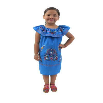 Leos Imports Traditional Girls Mexican Jocie Dress Hand Embroidered, Sleeveless Ruffle Fiesta Dress for Girls, Made in Mexico - (Aqua, Size 1)