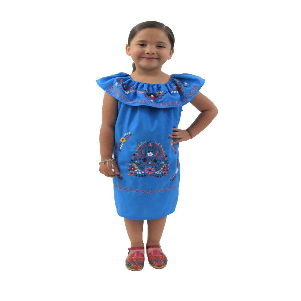 Leos Imports Traditional Girls Mexican Jocie Dress Hand Embroidered, Sleeveless Ruffle Fiesta Dress for Girls, Made in Mexico - (Aqua, Size 1)