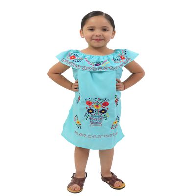Leos Imports Traditional Girls Mexican Jocie Dress Hand Embroidered, Sleeveless Ruffle Fiesta Dress for Girls, Made in Mexico - (Mint, Size 1)