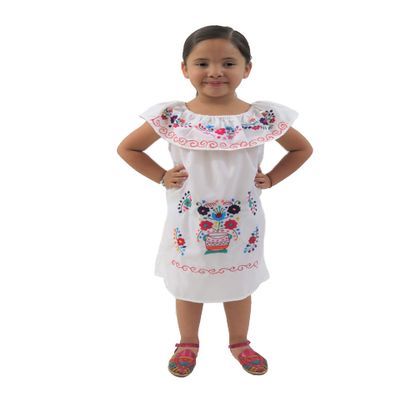 Leos Imports Traditional Girls Mexican Jocie Dress Hand Embroidered, Sleeveless Ruffle Fiesta Dress for Girls, Made in Mexico - (White, Size 2)