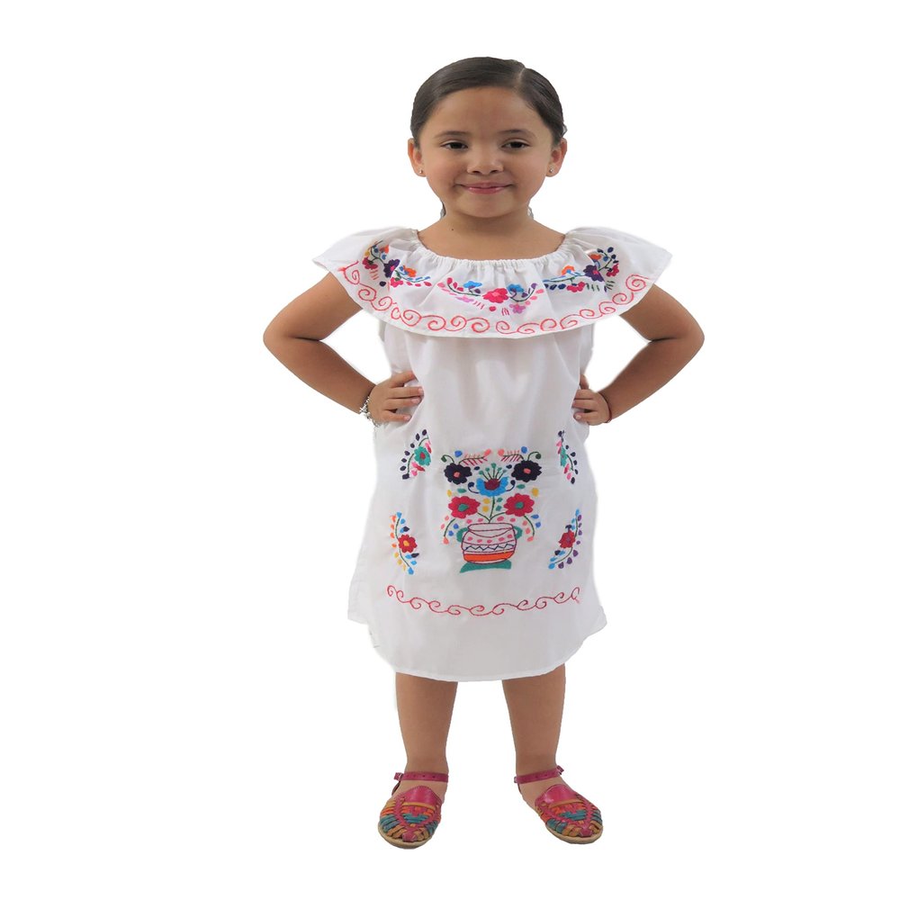 Leos Imports Traditional Girls Mexican Jocie Dress Hand Embroidered, Sleeveless Ruffle Fiesta Dress for Girls, Made in Mexico - (White, Size 2)