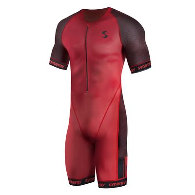 Synergy Triathlon Tri Suit - Men's Elite Short Sleeve Trisuit Cycling Skinsuit (Crimson/Black, XX-Large)