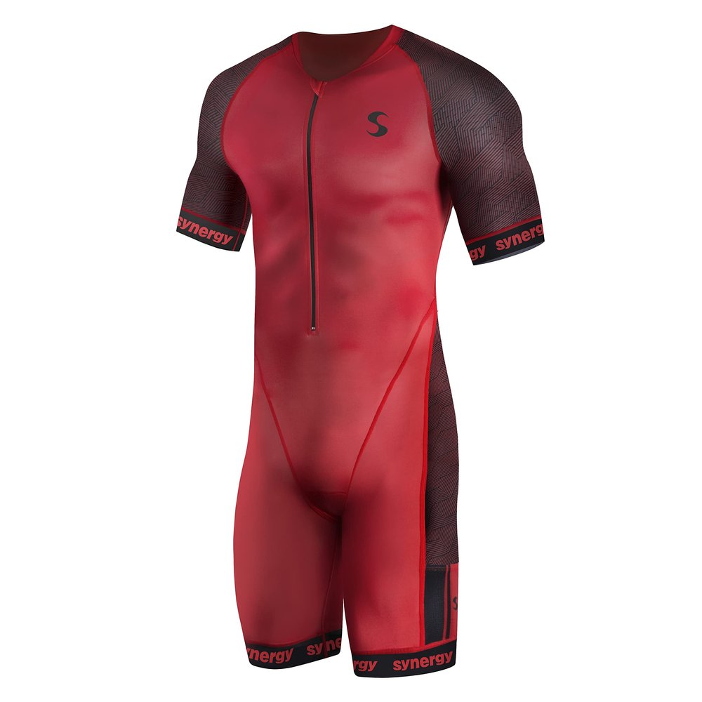 Synergy Triathlon Tri Suit - Men's Elite Short Sleeve Trisuit Cycling Skinsuit (Crimson/Black, XX-Large)