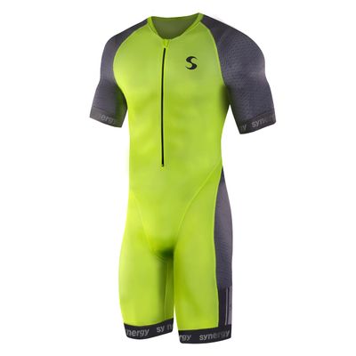 Synergy Triathlon Tri Suit - Men's Elite Short Sleeve Trisuit Cycling Skinsuit (Neon Lime/Steel, Small)