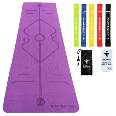 BodyForge Yoga Mat Thick Exercise Mat Thick Non-Slip Extra Thick High-Density Pilates (Purple/Pink) & Resistance Exercise Loop Exercise Bands with Instruction Guide and Carry Bag, Set of 5 Bundle