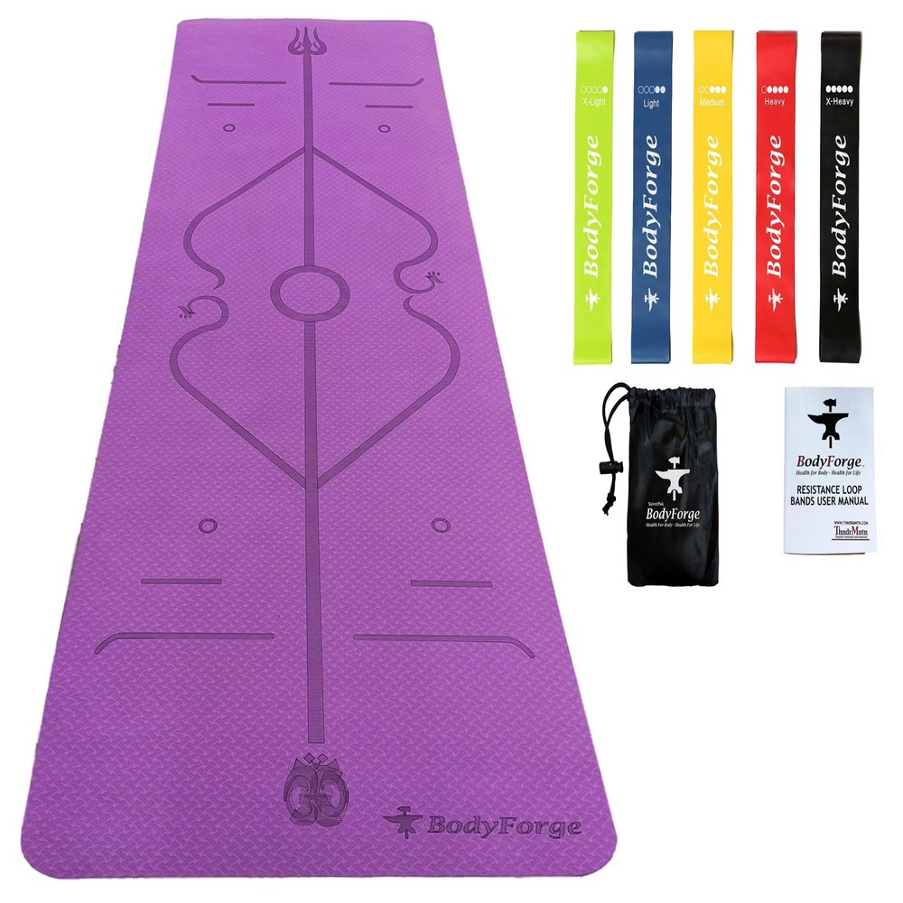 BodyForge Yoga Mat Thick Exercise Mat Thick Non-Slip Extra Thick High-Density Pilates (Purple/Pink) & Resistance Exercise Loop Exercise Bands with Instruction Guide and Carry Bag, Set of 5 Bundle