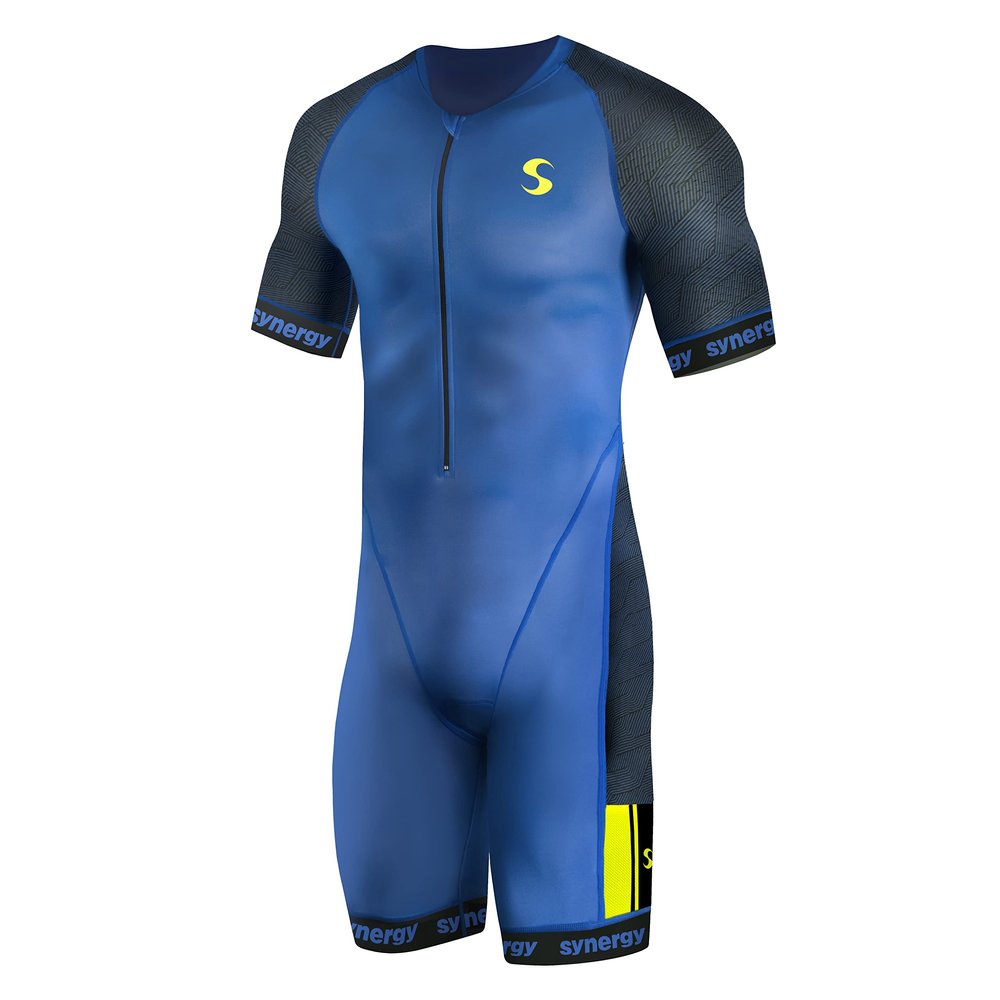 Synergy Triathlon Tri Suit - Men's Elite Short Sleeve Trisuit Cycling Skinsuit (Ocean/Neon Lime, X-Large)