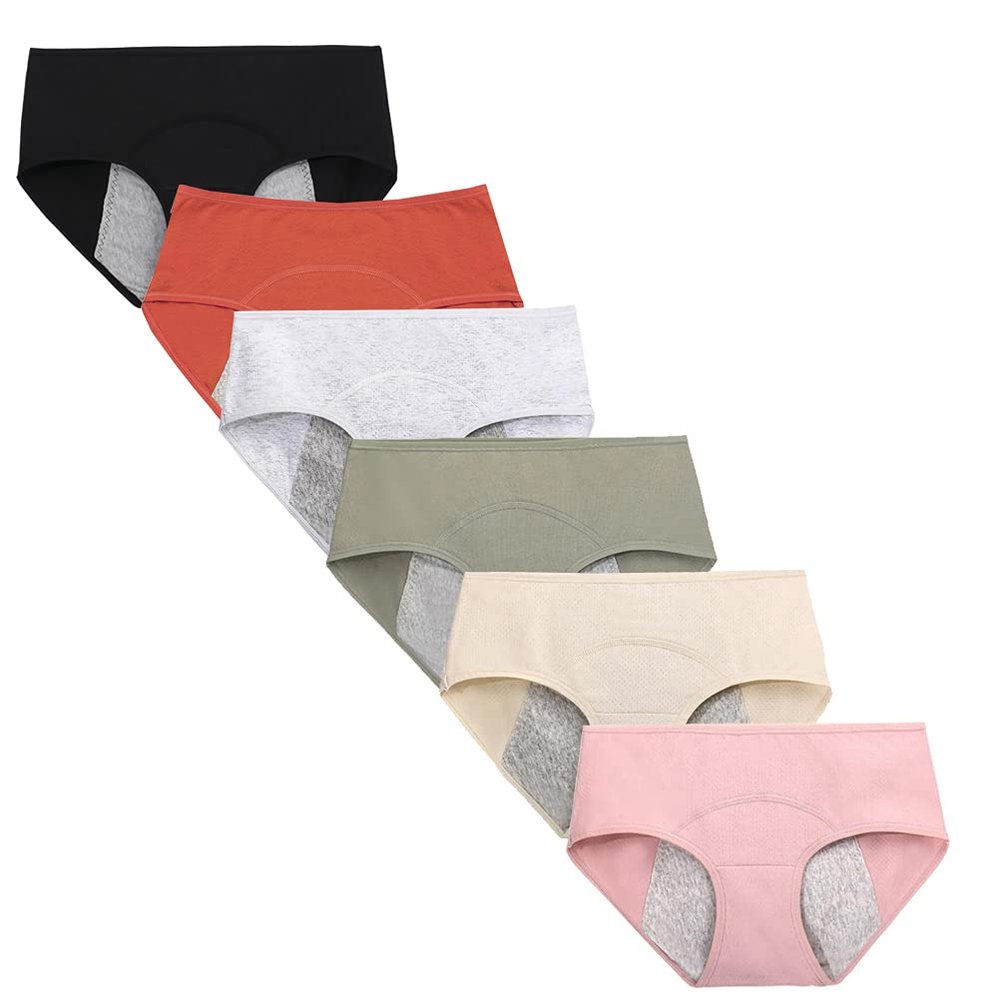Kissecret Teen Girls Cotton Menstrual Period Underwear Briefs Pack of 6pcs Breathable Heavy Flow Protective Leak-Proof Panties (Medium, Style1)