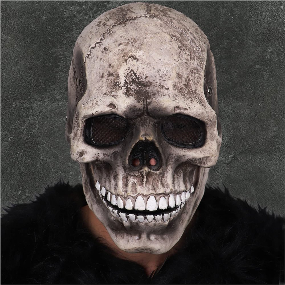 CosTribe Creepy Full Head Skull Mask with Moving Jaw Halloween Scary Latex Helmet for Cosplay Party Props. (White)