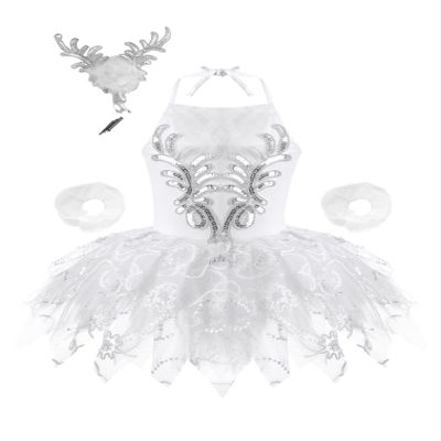 FEESHOW Kids Girls Sparkling Sequins Camisole Tutu Skirts Ballet Ballerina Dancewear Costumes Dress with Headwear White 3-4 Years