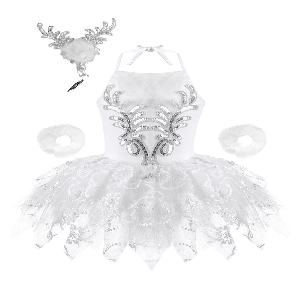 FEESHOW Kids Girls Sparkling Sequins Camisole Tutu Skirts Ballet Ballerina Dancewear Costumes Dress with Headwear White 3-4 Years