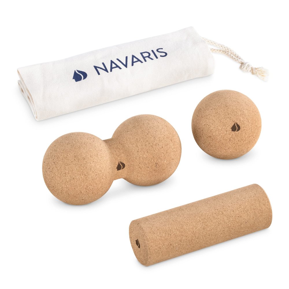 Navaris Cork Massage Roller Ball Set (3 Pieces) - Peanut Roller, Massage Ball, Mini Roller for Back and Muscles