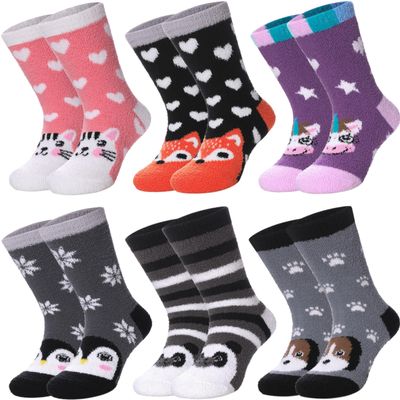 Color City Kids Non Slip Fuzzy Socks Toddlers Boys Girls with Grips Anti-Slip Cozy Fluffy Winter Warm Slipper Socks (6 Pairs Animal A, 4-7 Years)