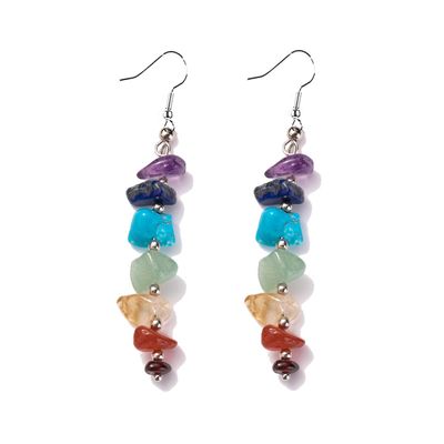 7 Chakra Stone Long Drop Dangle Earrings Colorful Necklace Set Crystal Hook Reiki Healing Beads for Women Yoga Energy Balancing Jewelry-A