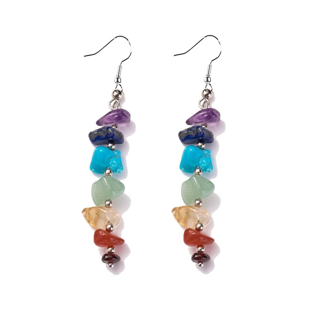 7 Chakra Stone Long Drop Dangle Earrings Colorful Necklace Set Crystal Hook Reiki Healing Beads for Women Yoga Energy Balancing Jewelry-A