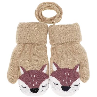 Baby Toddler Cute Fox Winter Warm Knitted Magic Mittens On String Kids Cold Weather Snow Insulated Gloves with Fleece Lining for Baby Girls Boys 0-3 Years Gift