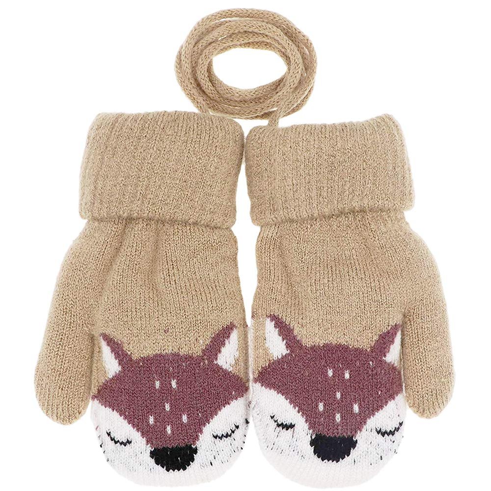 Baby Toddler Cute Fox Winter Warm Knitted Magic Mittens On String Kids Cold Weather Snow Insulated Gloves with Fleece Lining for Baby Girls Boys 0-3 Years Gift