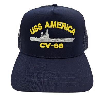 The Patriots Pride USS America CV-66 Ship Baseball Cap Blue Mesh Snapback 3.5 inch Profile Cotton Front Panel Retired Veteran