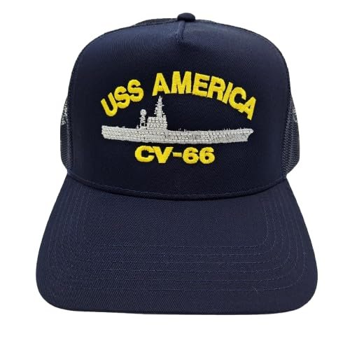 The Patriots Pride USS America CV-66 Ship Baseball Cap Blue Mesh Snapback 3.5 inch Profile Cotton Front Panel Retired Veteran