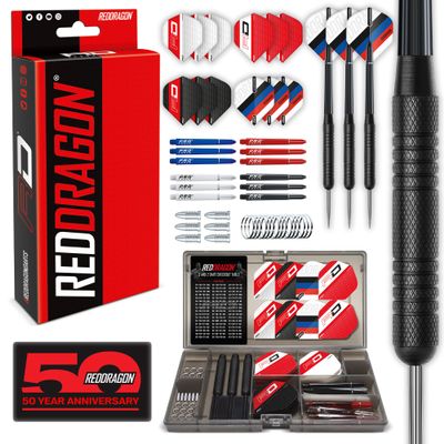 RED DRAGON Ultimate 50 Piece Darts Set - Includes 20 Gram Steel Darts, Hardcore Flights, Shafts (Stems) and Accessories