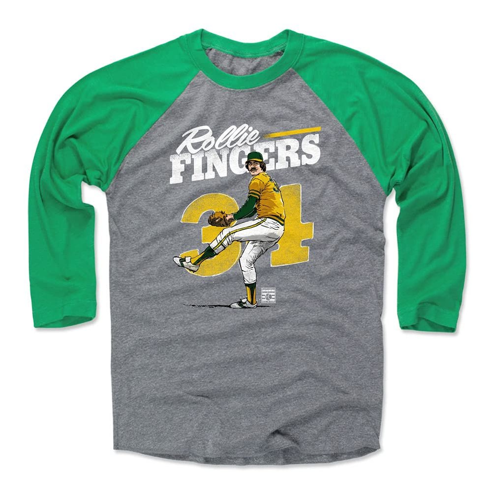 500 LEVEL Rollie Fingers 3/4 Sleeve T-Shirt (Baseball Tee, XXX-Large, Green/Heather Gray) - Rollie Fingers Retro WHT