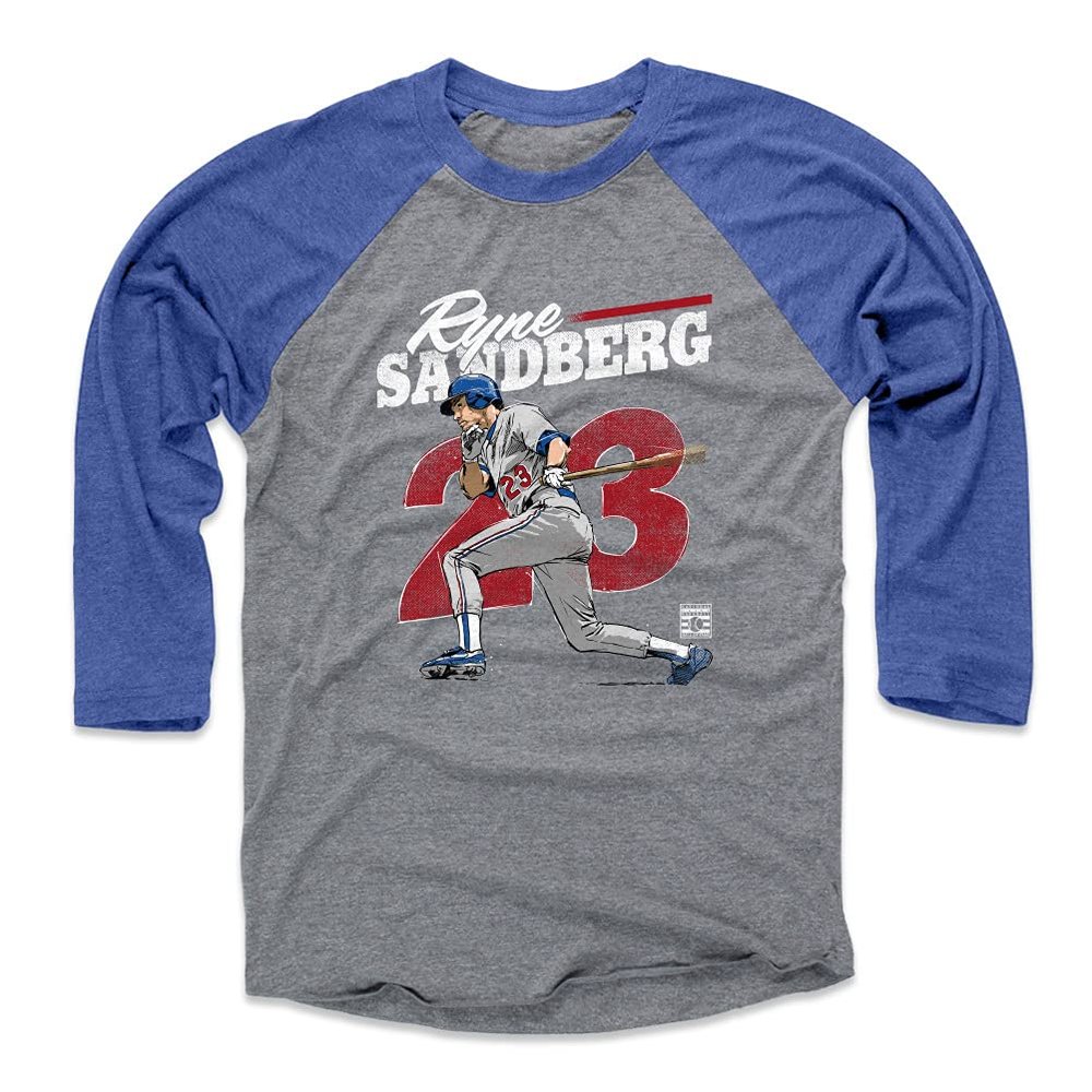 500 LEVEL Ryne Sandberg 3/4 Sleeve T-Shirt (Baseball Tee, XXX-Large, Royal/Heather Gray) - Ryne Sandberg Retro WHT