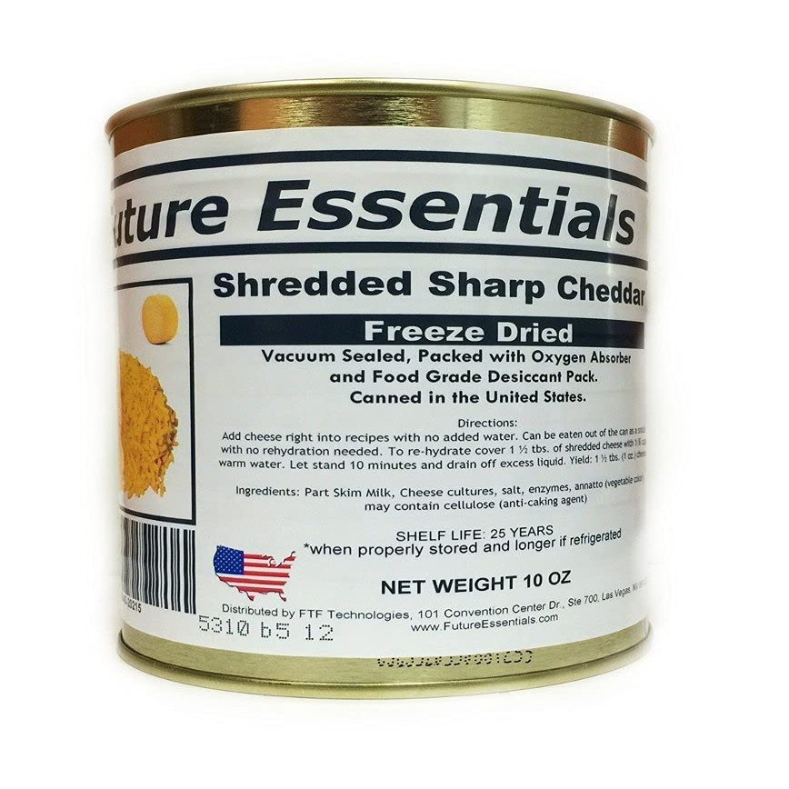 Future Essentials Freeze Dried Shredded Sharp Cheddar Cheese 10 Oz Per Can Shelf-Stable, Long-Term Storage (25-Year Shelf Life) Survival & Emergency Food, Great for Camping, Hunting & Prep Pack of 1