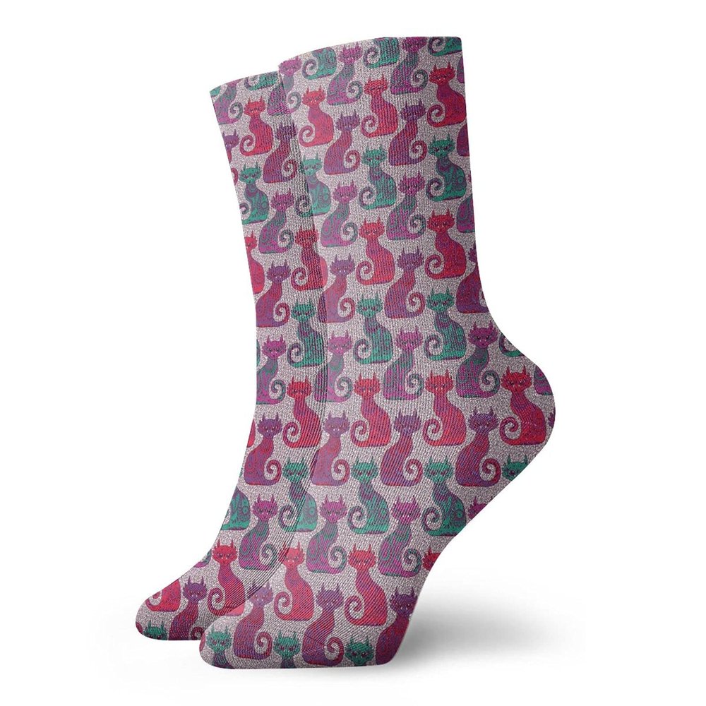 Purple Funny Compression Socks Women and Men,Swirls And Curls Background With Damask Inspired Paisleys On The Ethnic Colorful Cat,Best for Circulation,Running,Athletic,Nurse,Travel,Multicolor -12 inch