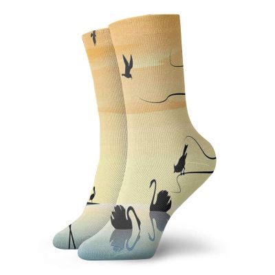 GULTMEE Landscape Funky Colorful Cushion Sport Socks,Early Morning By The Sea Sunrise,Athletic Cushioned Running Performance Crew Socks For Men/Women,Pale Orange Pale Blue Black -12 inch
